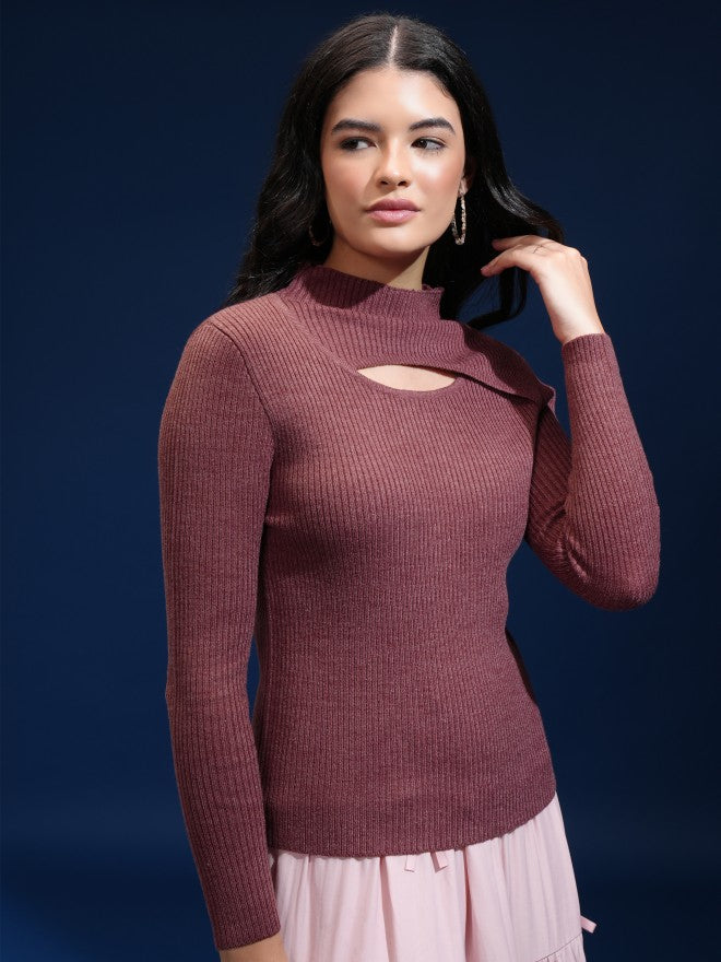 Tokyo Talkies Women Beige Mock Collar Sweater - Beige - Image 6