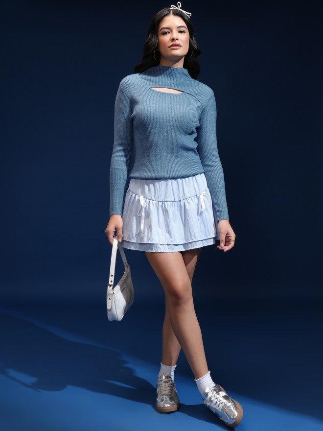 Tokyo Talkies Women Blue Mock Collar Sweater - Blue - Image 2
