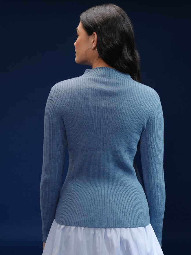 Tokyo Talkies Women Blue Mock Collar Sweater - Blue - Image 3