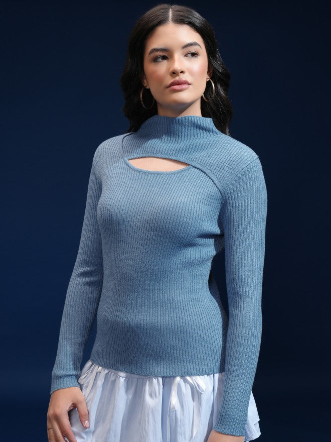 Tokyo Talkies Women Blue Mock Collar Sweater - Blue - Image 4