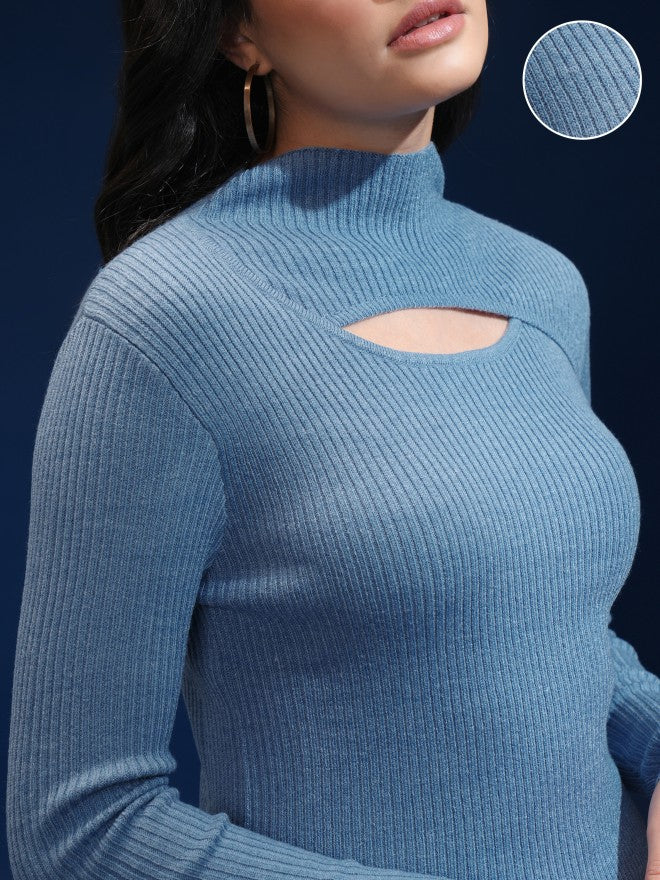Tokyo Talkies Women Blue Mock Collar Sweater - Blue - Image 5
