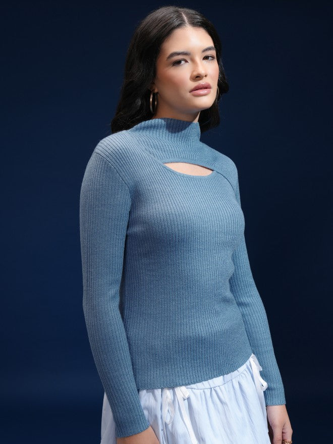Tokyo Talkies Women Blue Mock Collar Sweater - Blue - Image 6