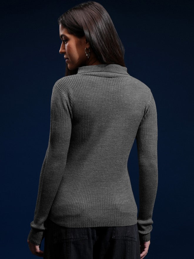 Tokyo Talkies Women Grey Mock Collar Sweater - Grey - Image 3