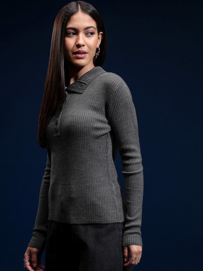 Tokyo Talkies Women Grey Mock Collar Sweater - Grey - Image 4