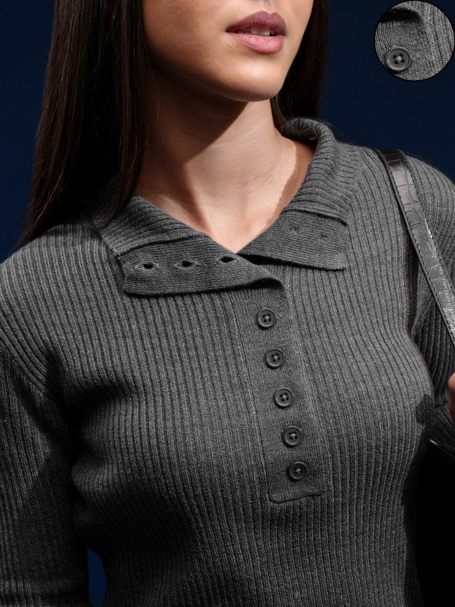 Tokyo Talkies Women Grey Mock Collar Sweater - Grey - Image 5