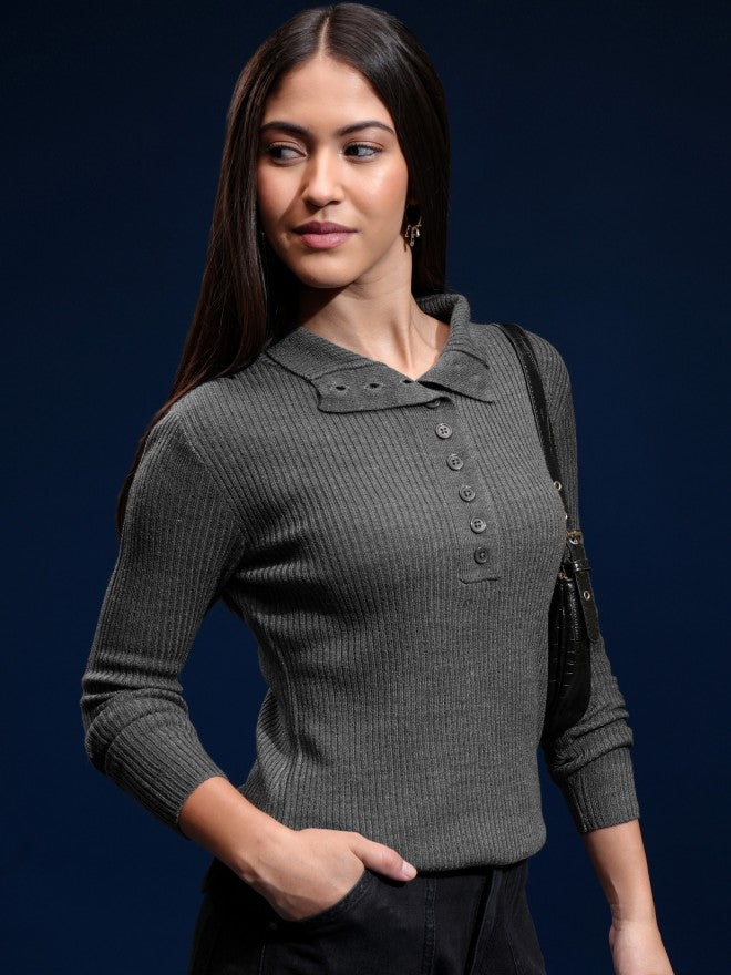 Tokyo Talkies Women Grey Mock Collar Sweater - Grey - Image 6