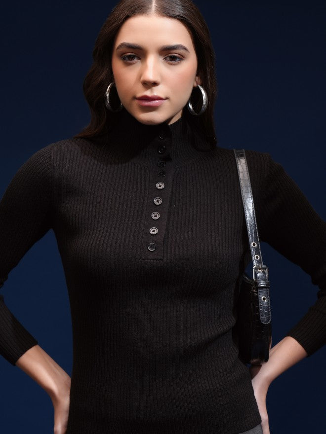 Tokyo Talkies Women Black Mock Collar Sweater - Black - Image 1