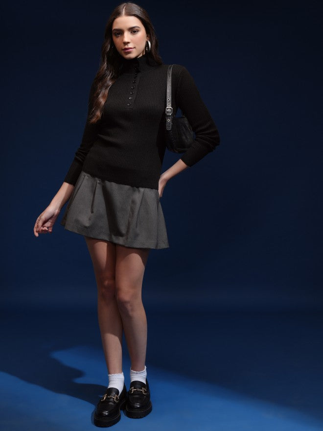 Tokyo Talkies Women Black Mock Collar Sweater - Black - Image 2