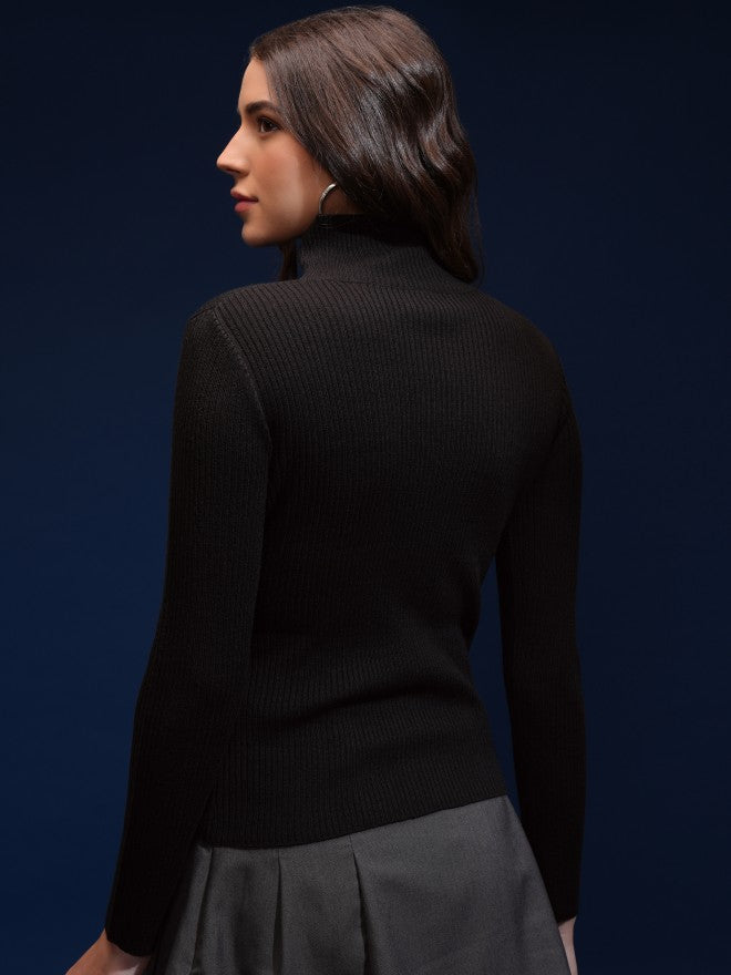 Tokyo Talkies Women Black Mock Collar Sweater - Black - Image 3