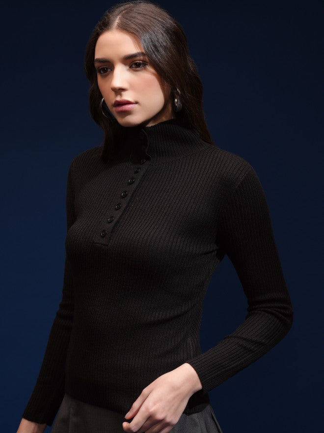 Tokyo Talkies Women Black Mock Collar Sweater - Black - Image 4