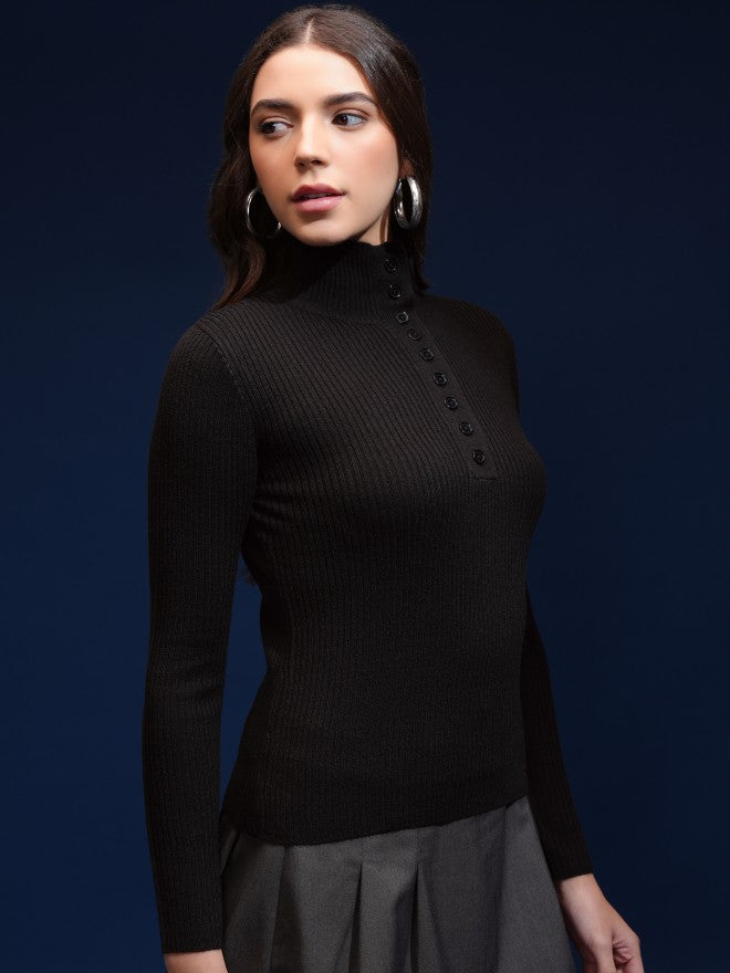 Tokyo Talkies Women Black Mock Collar Sweater - Black - Image 6