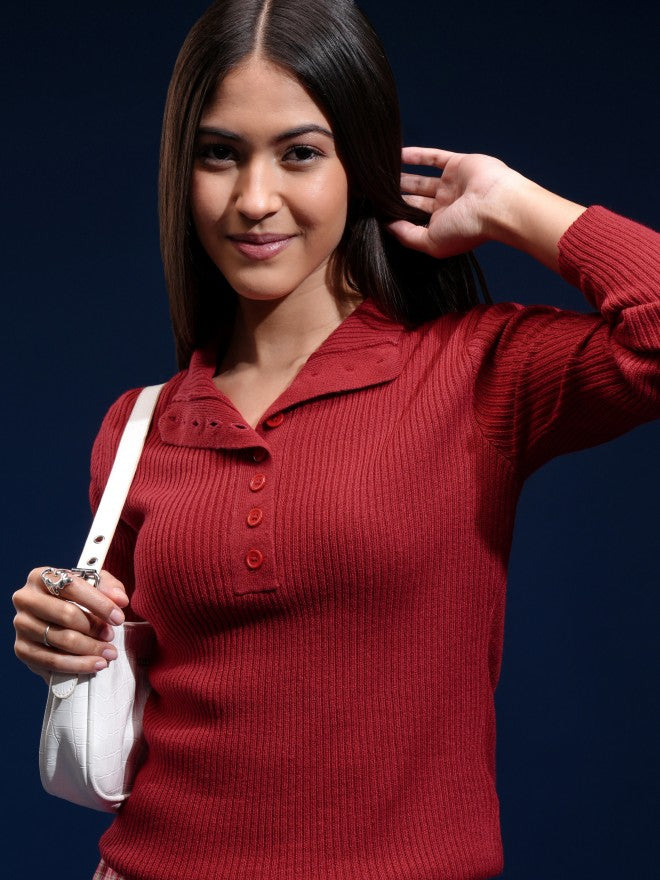 Tokyo Talkies Women Red Mock Collar Sweater - Red - Image 1