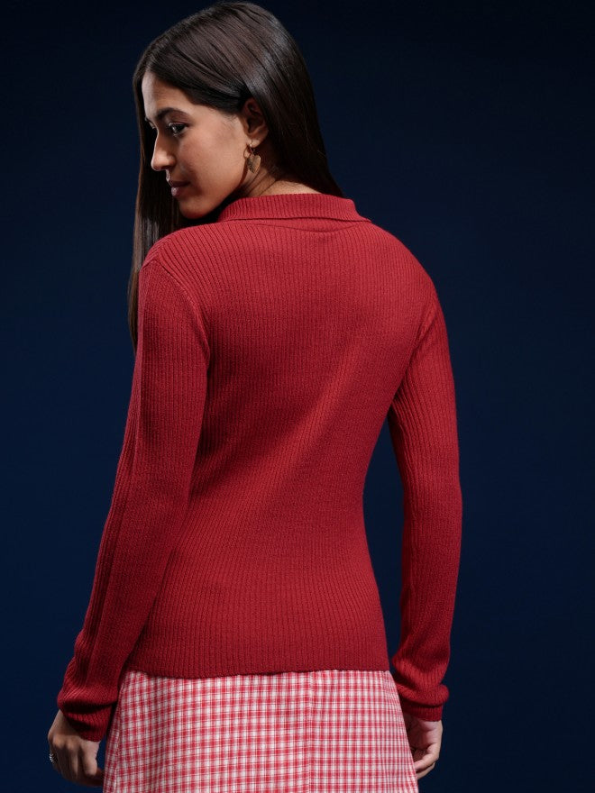 Tokyo Talkies Women Red Mock Collar Sweater - Red - Image 3