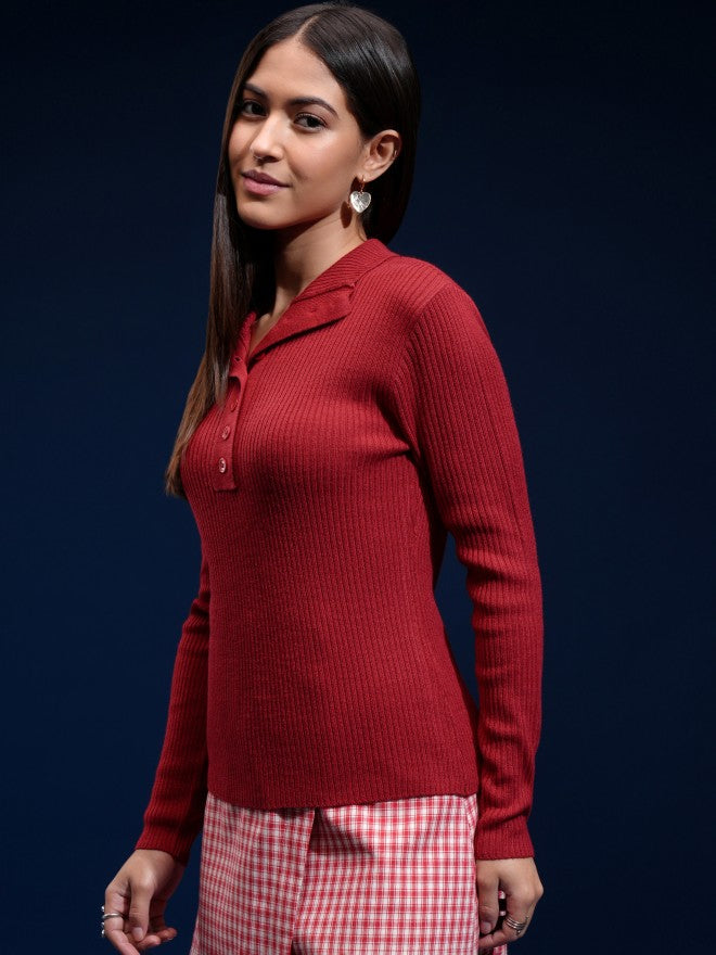 Tokyo Talkies Women Red Mock Collar Sweater - Red - Image 4