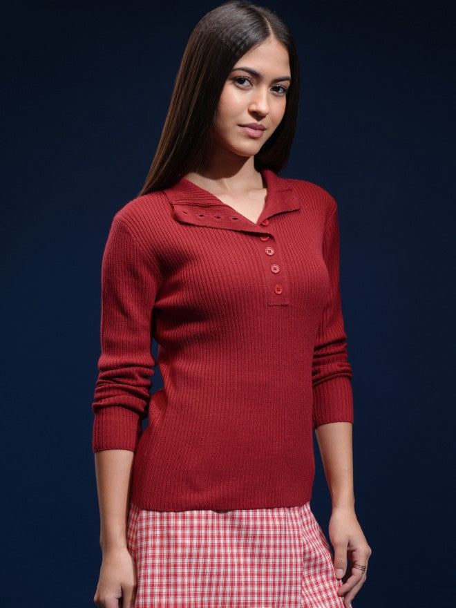Tokyo Talkies Women Red Mock Collar Sweater - Red - Image 6