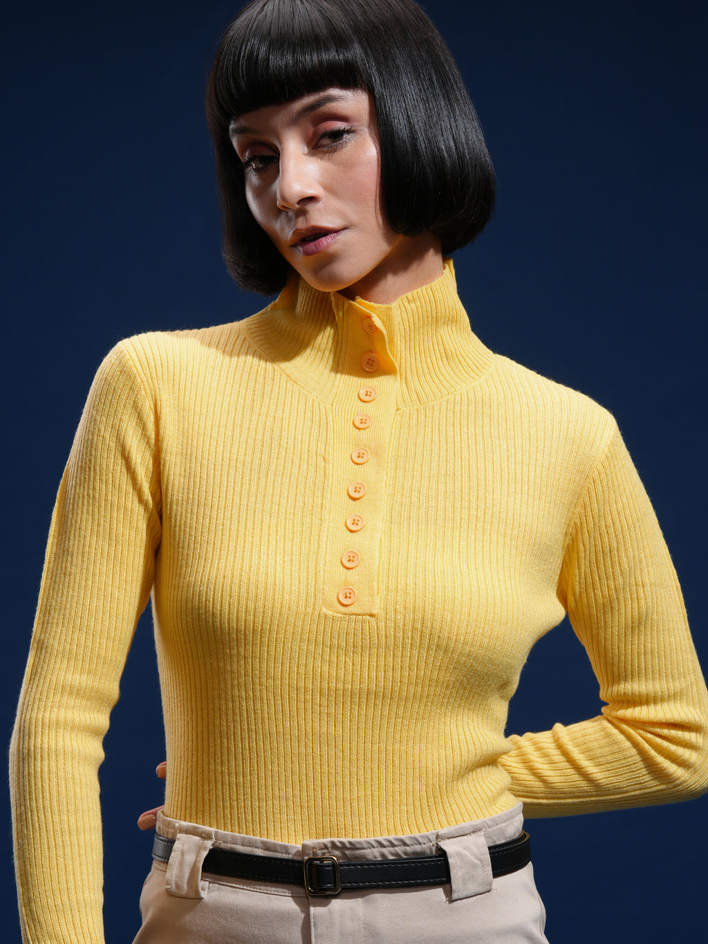 Tokyo Talkies Women Yellow Mock Collar Sweater - Yellow - Image 1