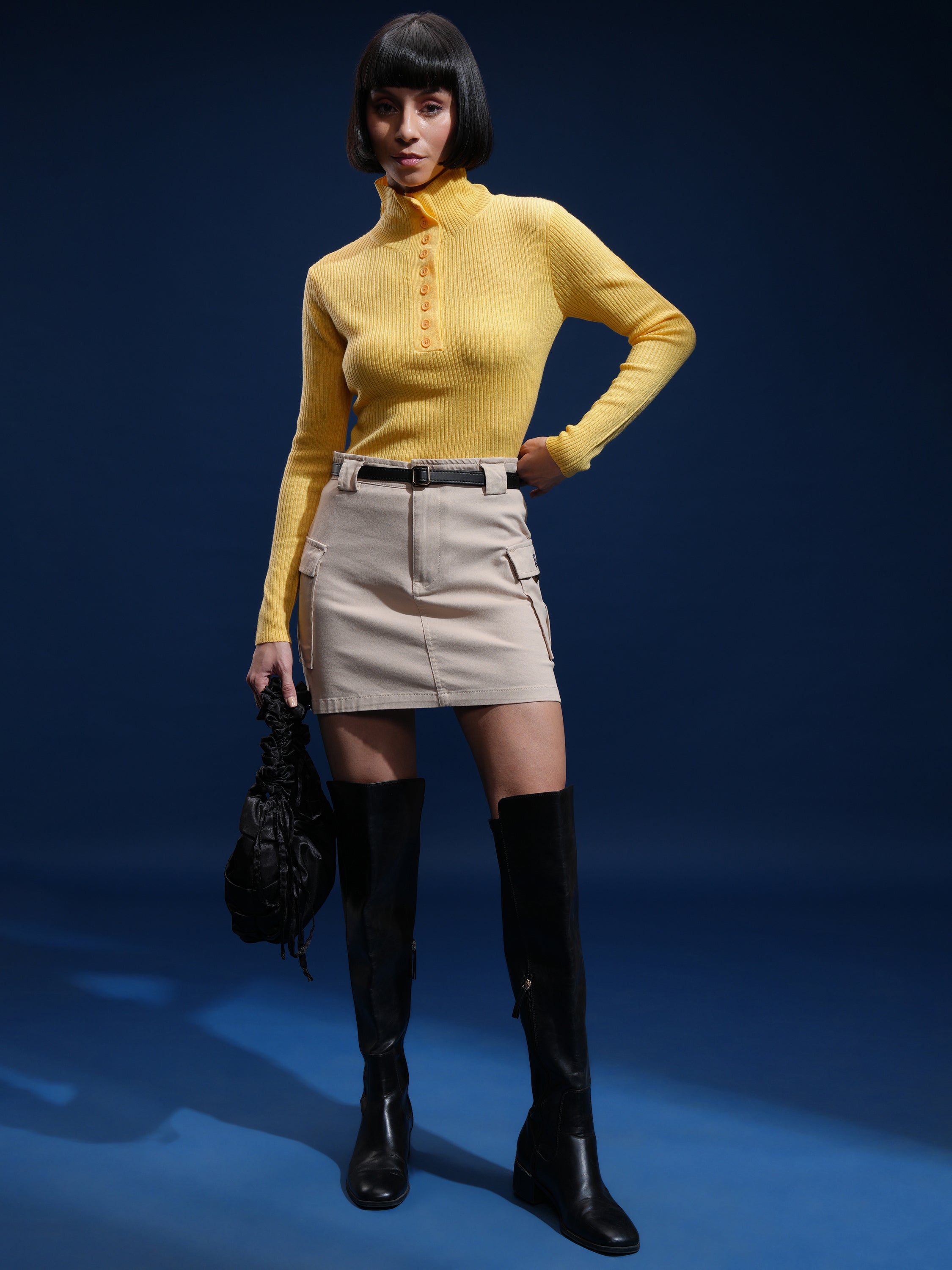 Tokyo Talkies Women Yellow Mock Collar Sweater - Yellow - Image 2