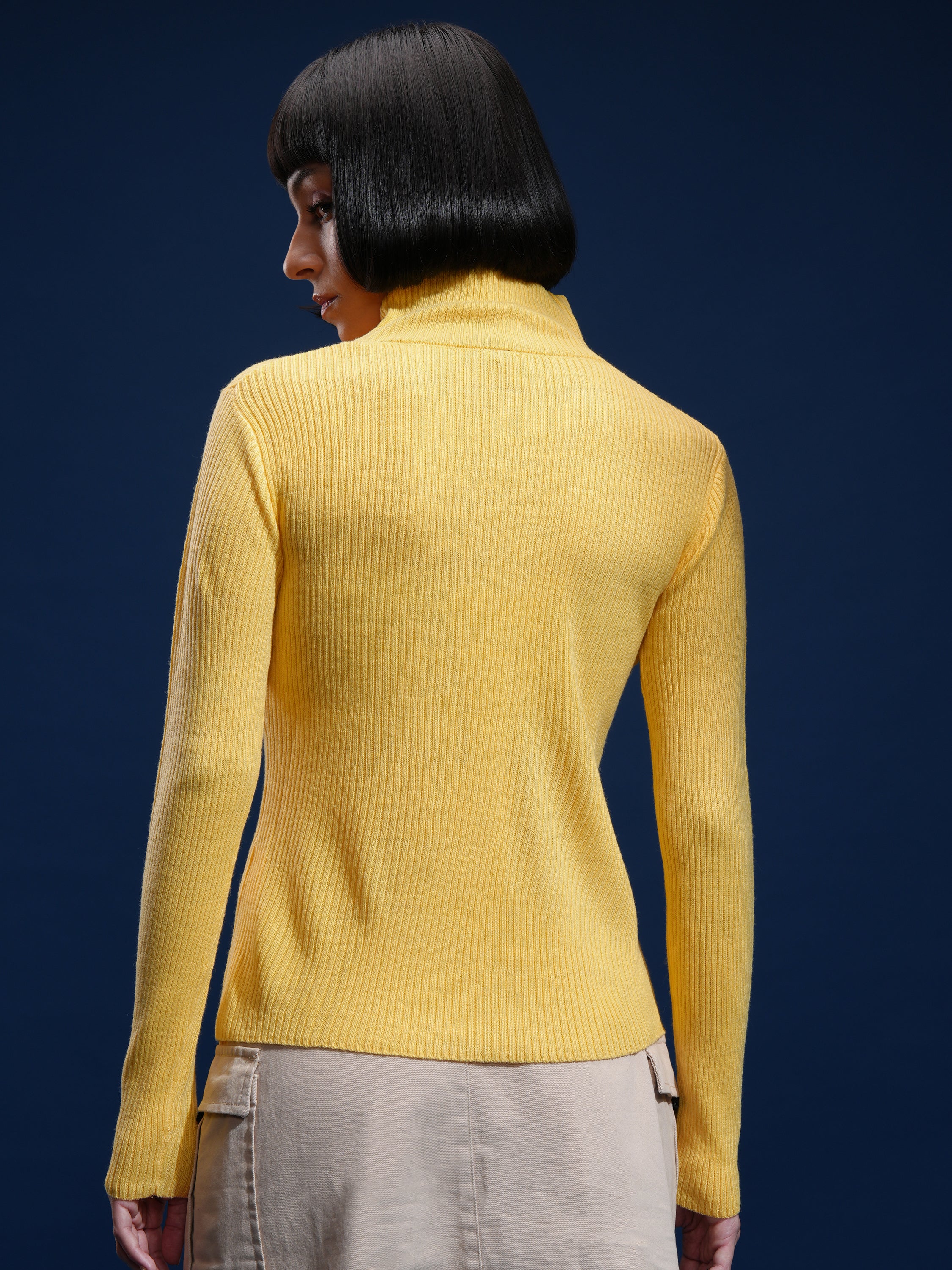 Tokyo Talkies Women Yellow Mock Collar Sweater - Yellow - Image 3