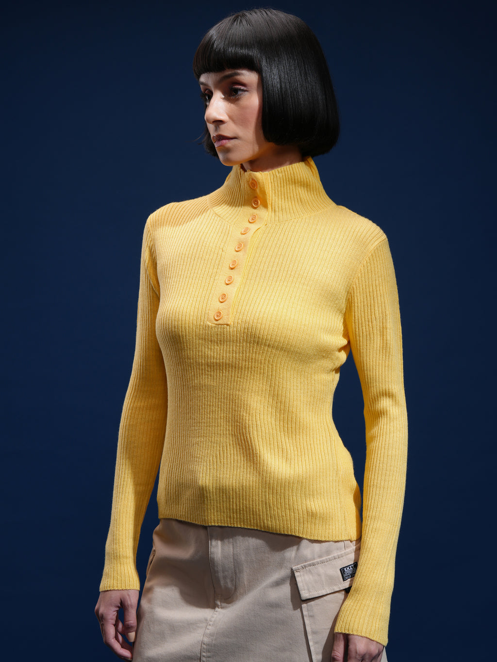Tokyo Talkies Women Yellow Mock Collar Sweater - Yellow - Image 4