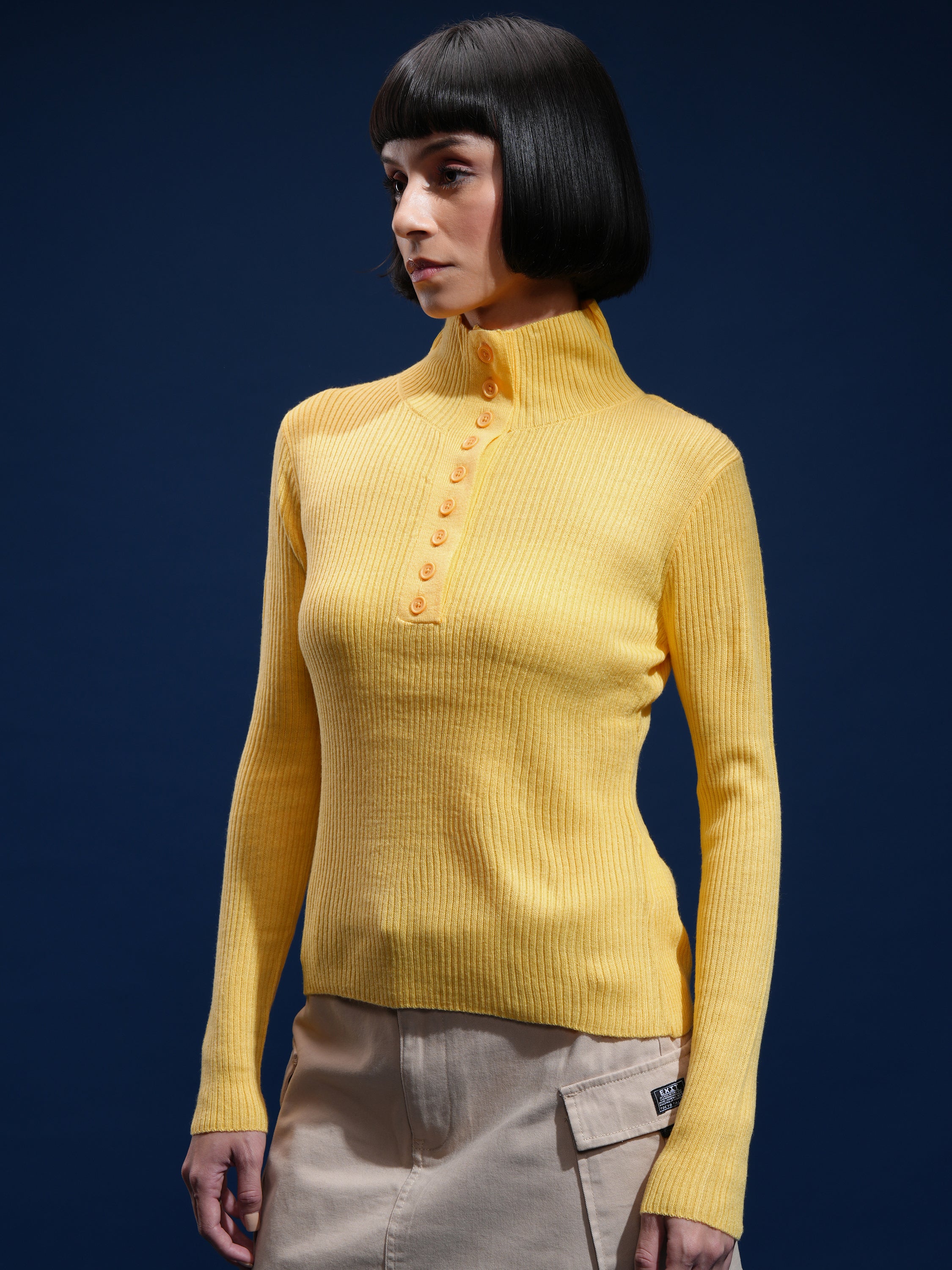 Tokyo Talkies Women Yellow Mock Collar Sweater - Yellow - Image 4