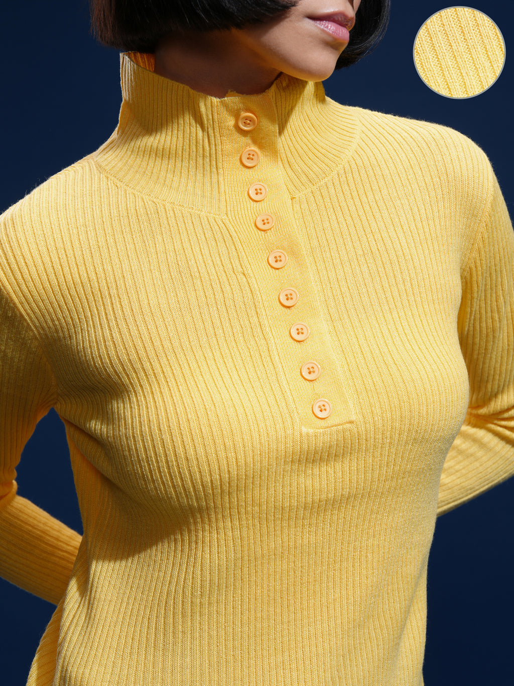 Tokyo Talkies Women Yellow Mock Collar Sweater - Yellow - Image 5