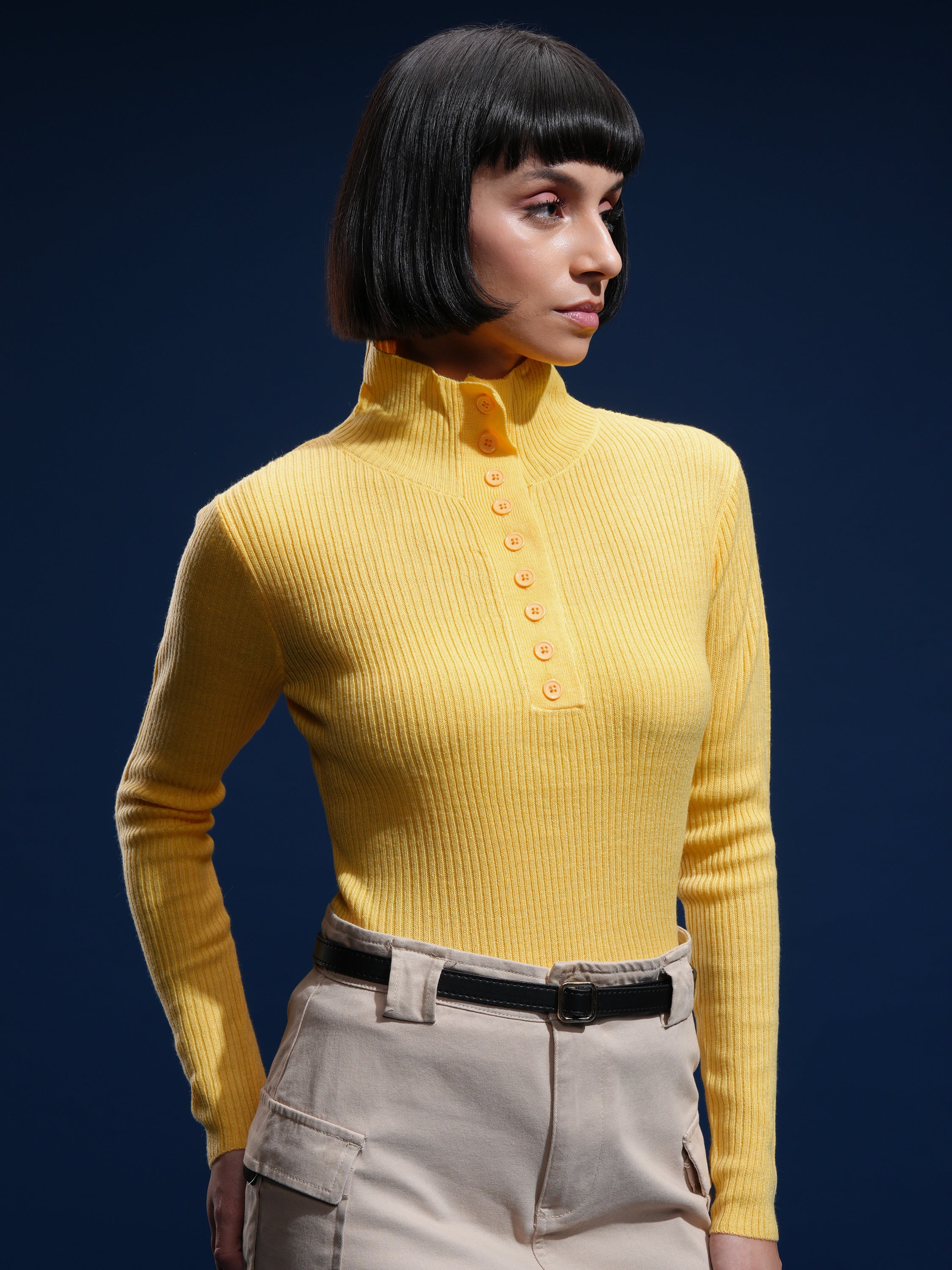 Tokyo Talkies Women Yellow Mock Collar Sweater - Yellow - Image 6