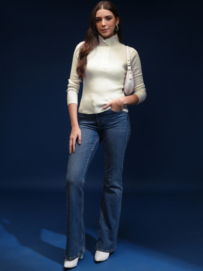 Tokyo Talkies Women Beige Mock Collar Sweater - Beige - Image 2