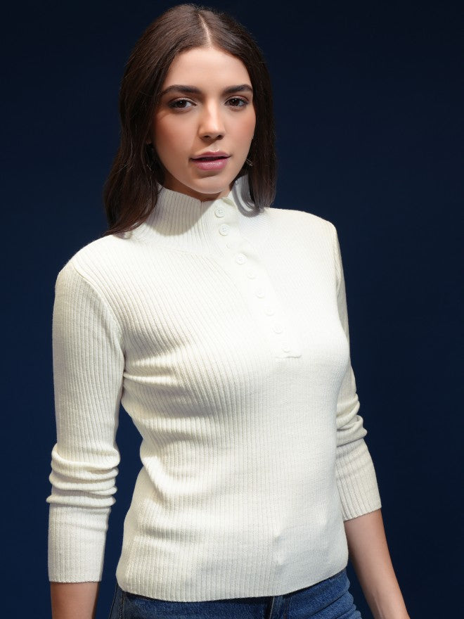 Tokyo Talkies Women Beige Mock Collar Sweater - Beige - Image 6