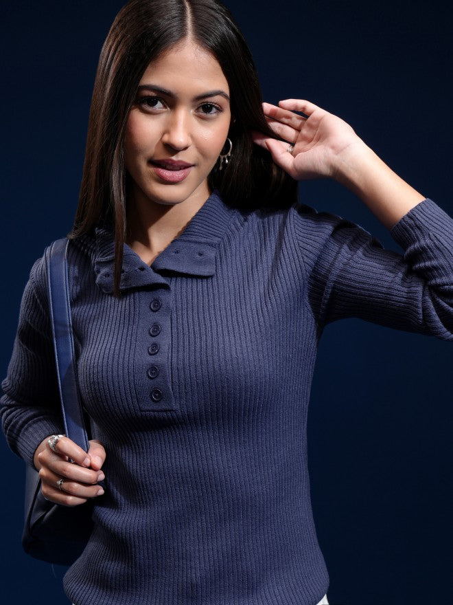 Tokyo Talkies Women Blue Mock Collar Sweater - Blue - Image 1