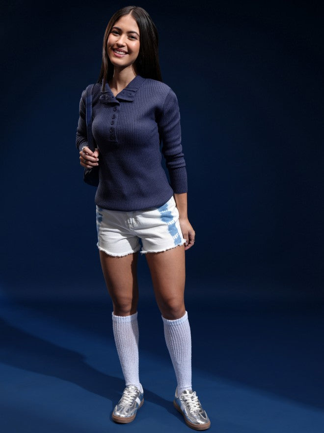 Tokyo Talkies Women Blue Mock Collar Sweater - Blue - Image 2