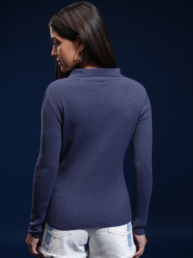 Tokyo Talkies Women Blue Mock Collar Sweater - Blue - Image 3
