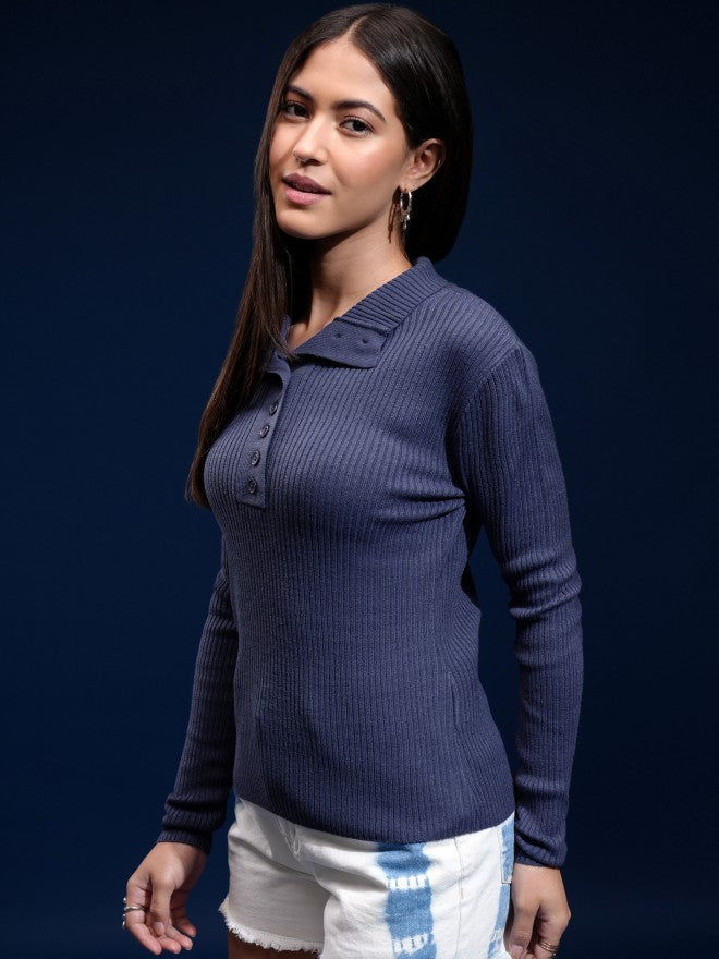 Tokyo Talkies Women Blue Mock Collar Sweater - Blue - Image 4