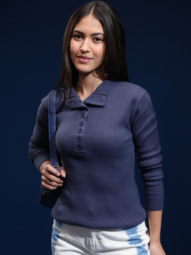Tokyo Talkies Women Blue Mock Collar Sweater - Blue - Image 6