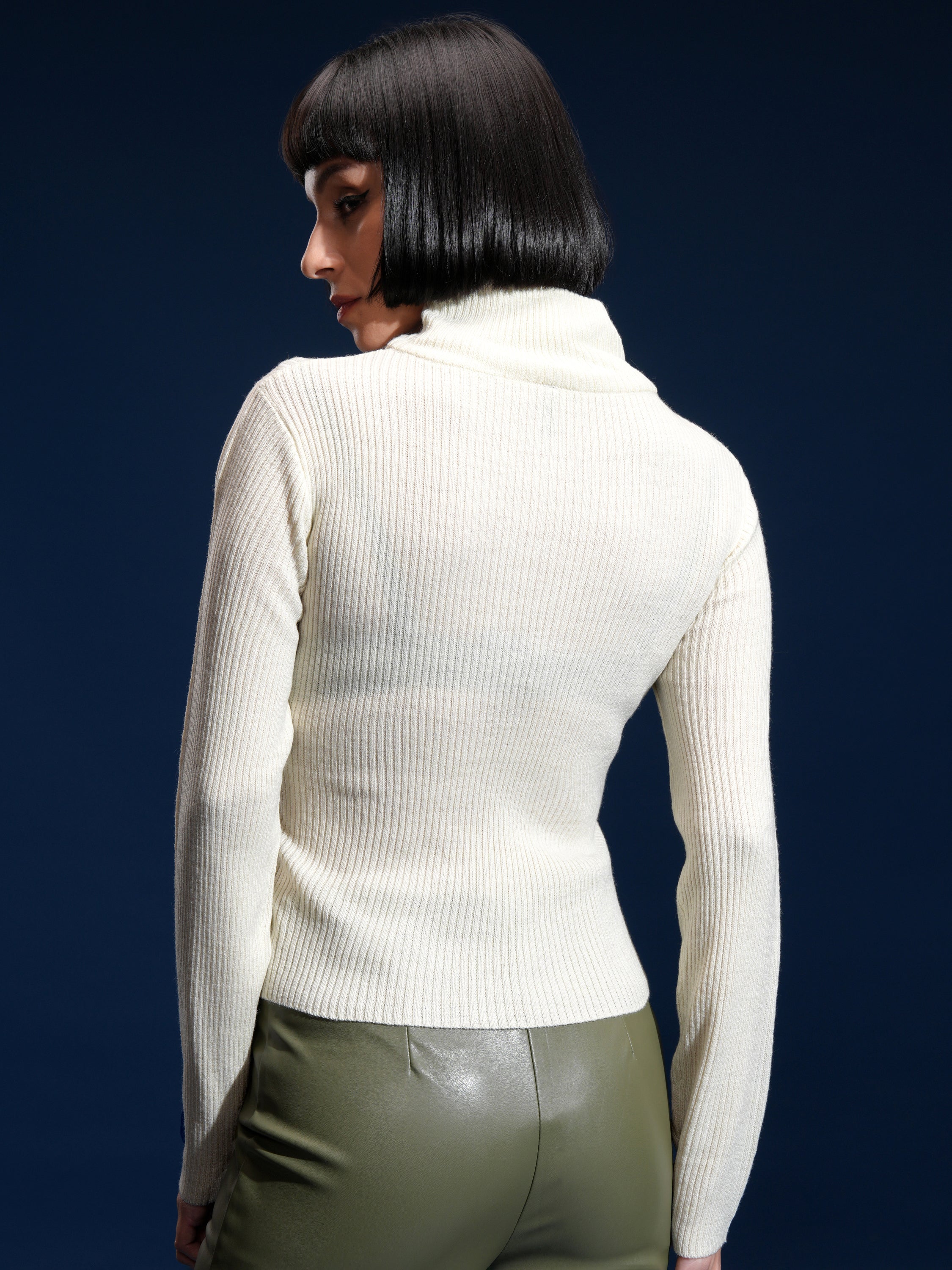 Tokyo Talkies Women White High Neck Sweater - White - Image 3