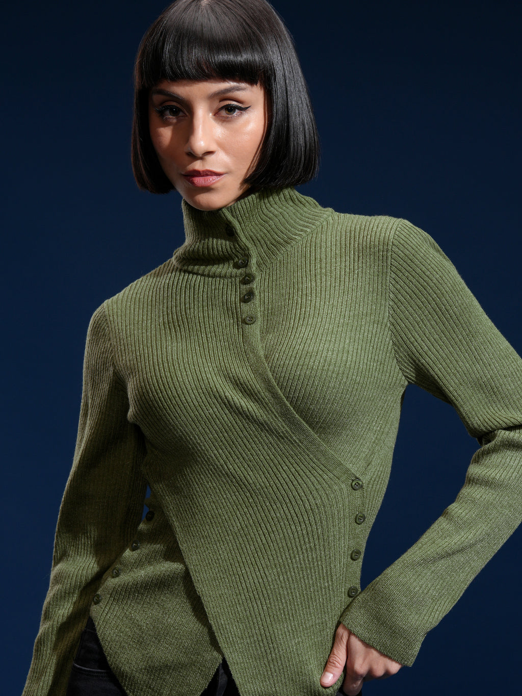 Tokyo Talkies Women Olive High Neck Sweater - Olive - Image 1