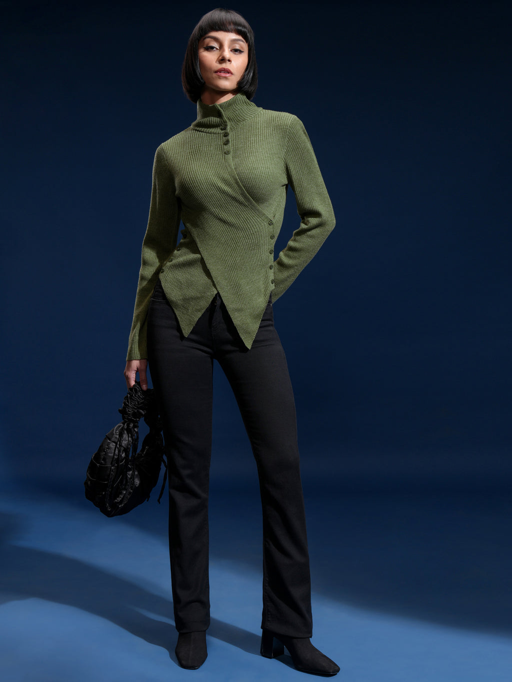 Tokyo Talkies Women Olive High Neck Sweater - Olive - Image 2