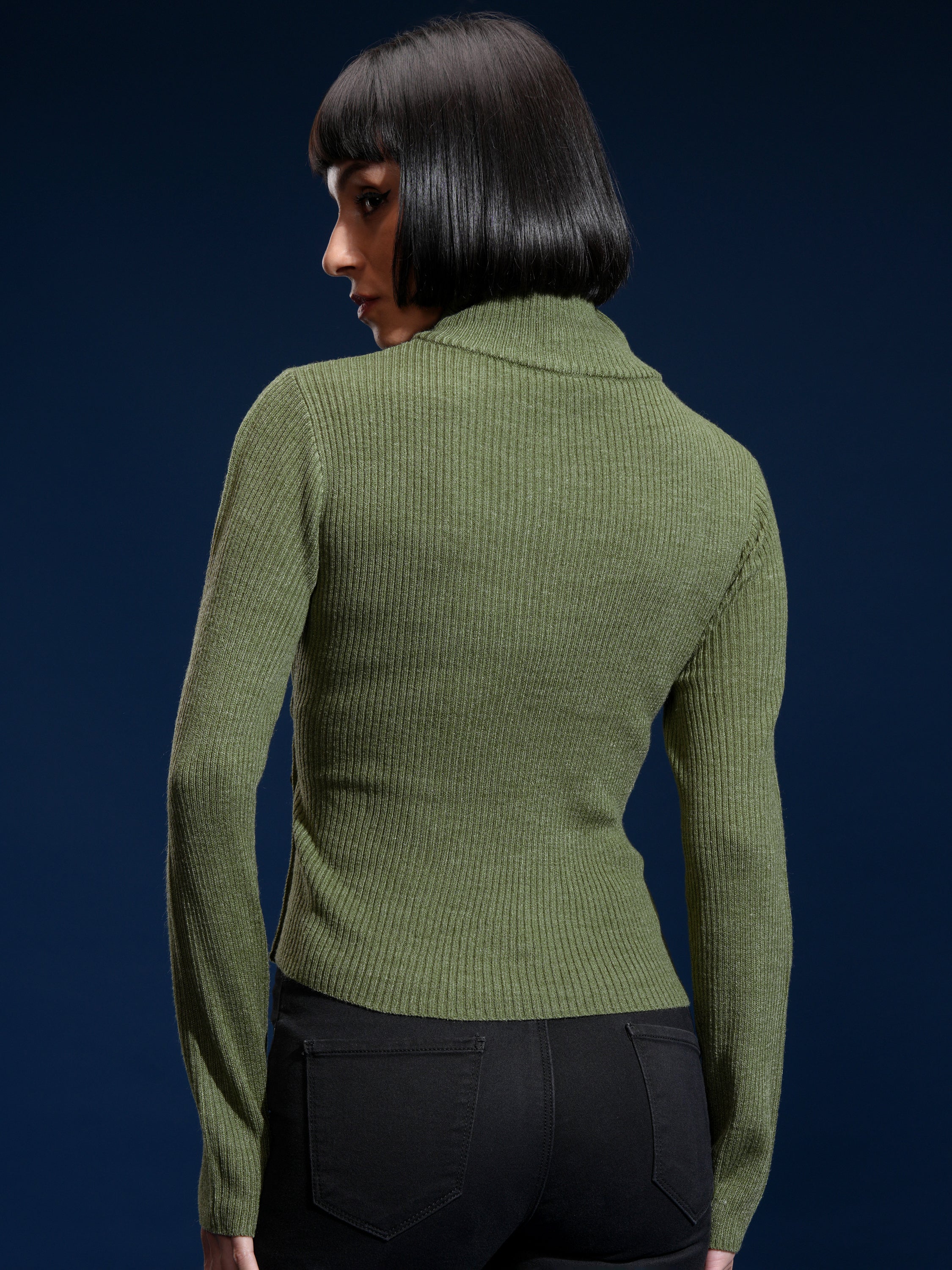 Tokyo Talkies Women Olive High Neck Sweater - Olive - Image 3