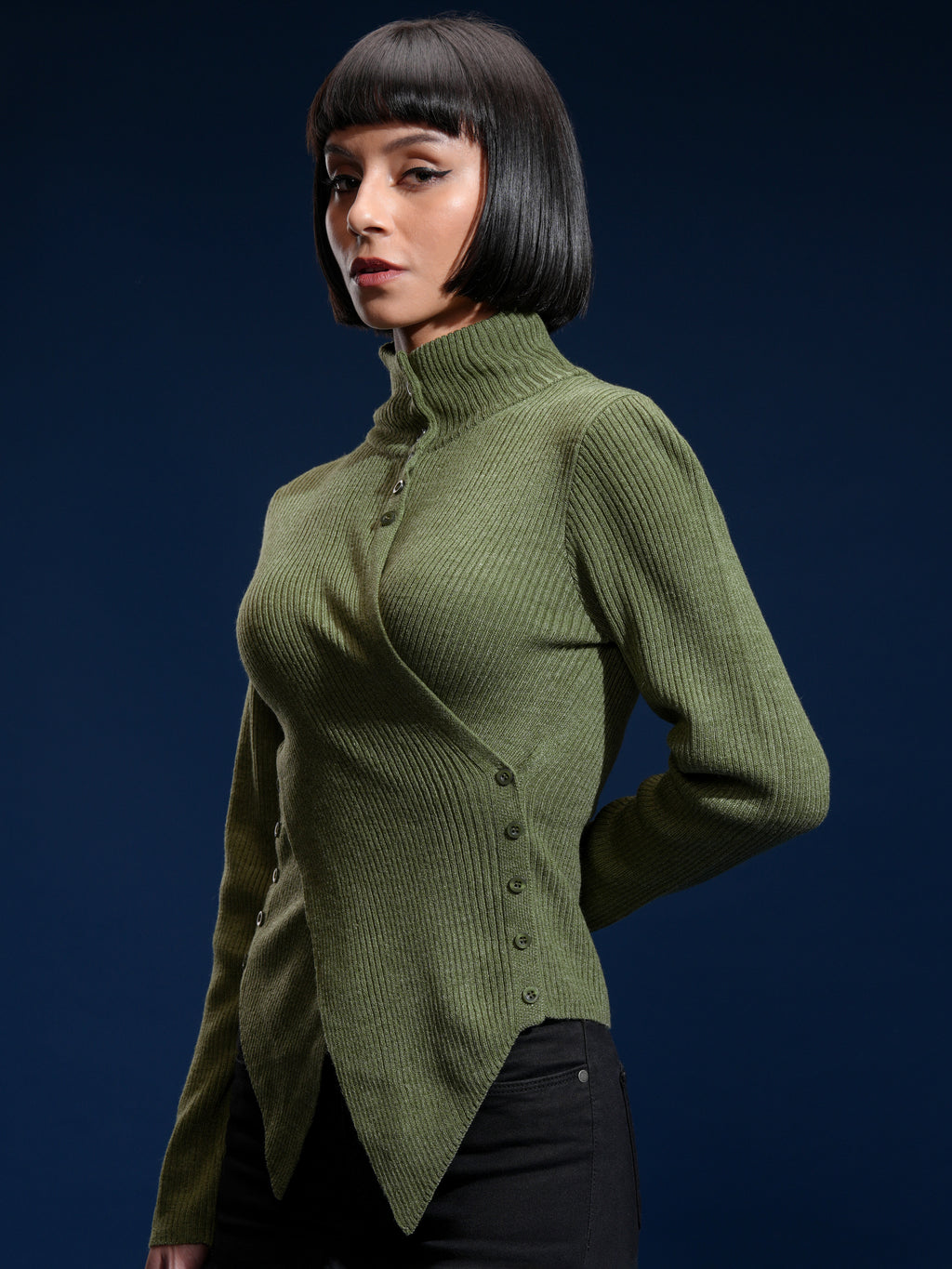 Tokyo Talkies Women Olive High Neck Sweater - Olive - Image 4