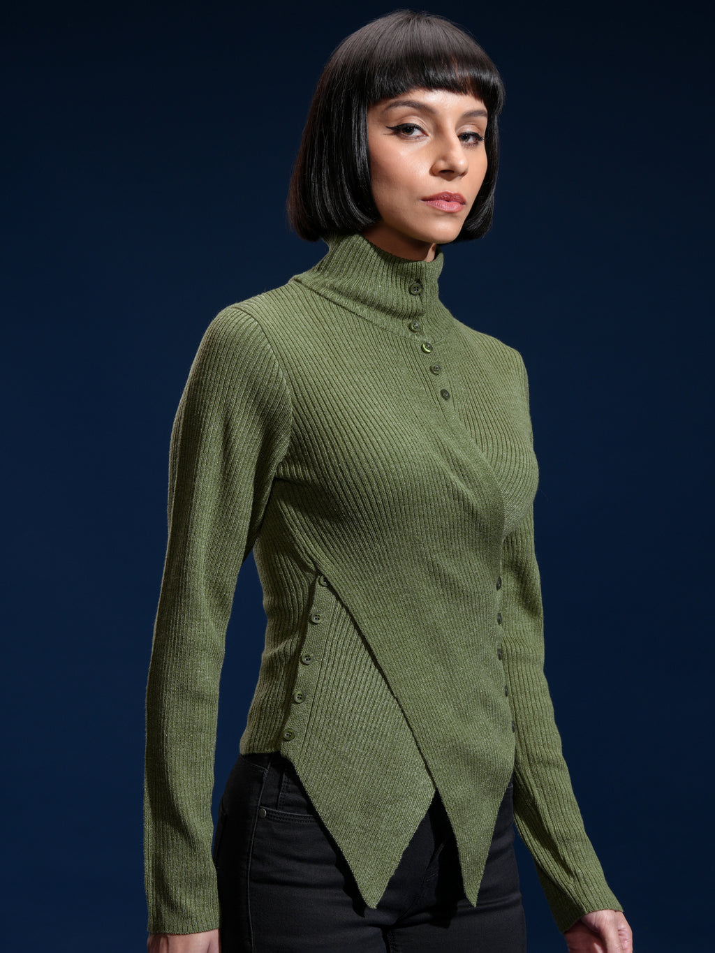 Tokyo Talkies Women Olive High Neck Sweater - Olive - Image 6