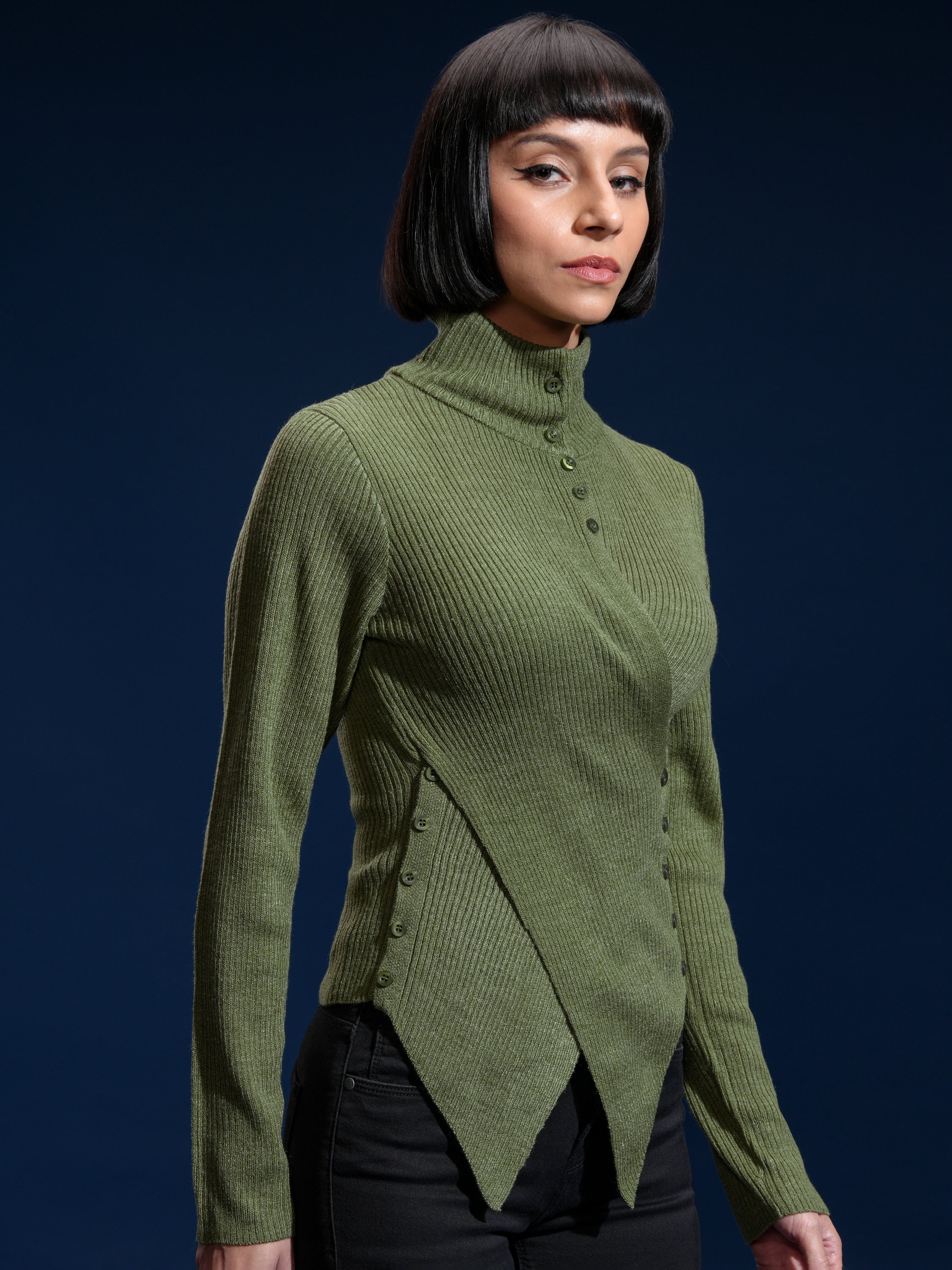 Tokyo Talkies Women Olive High Neck Sweater - Olive - Image 6