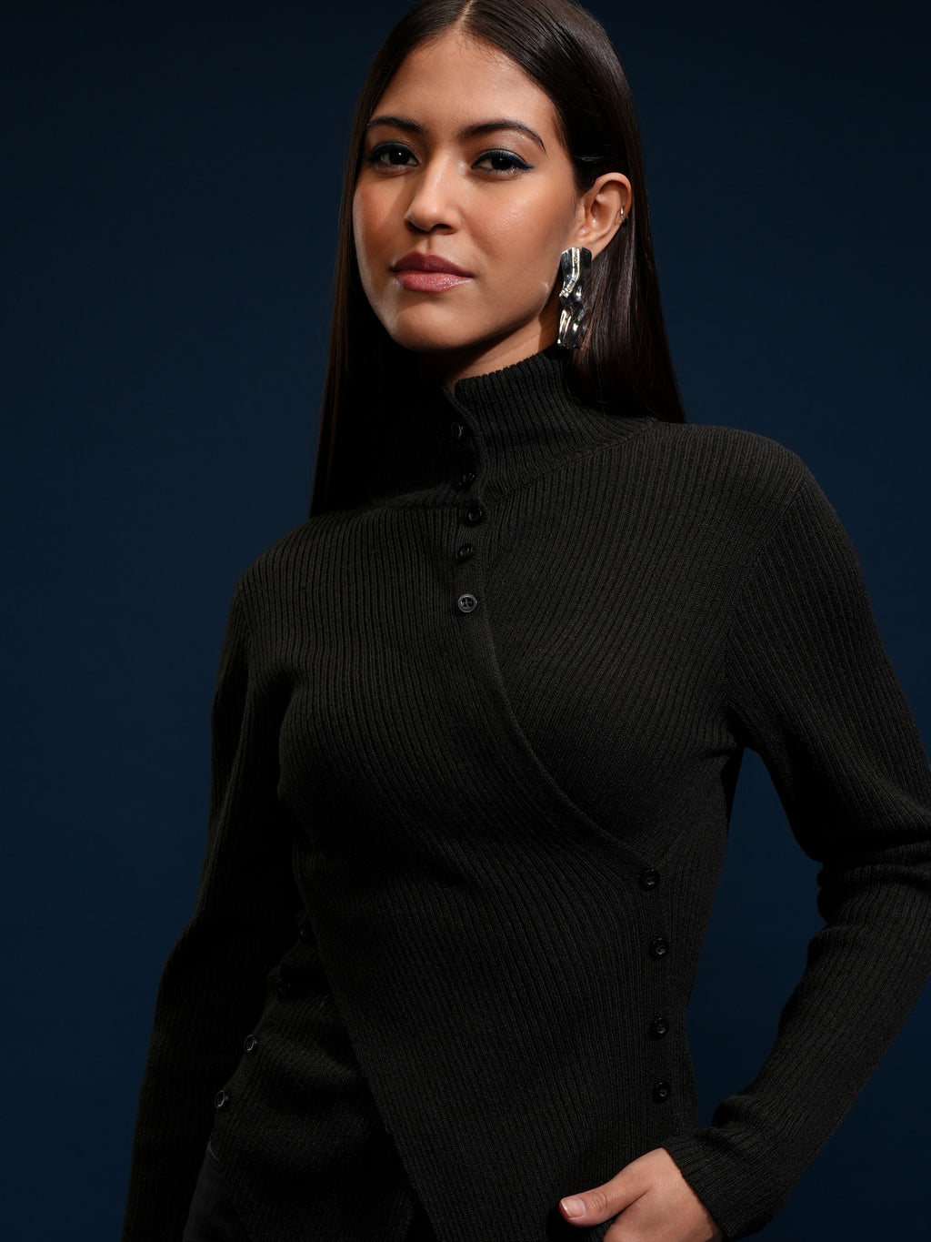 Tokyo Talkies Women Black High Neck Sweater - Black - Image 1