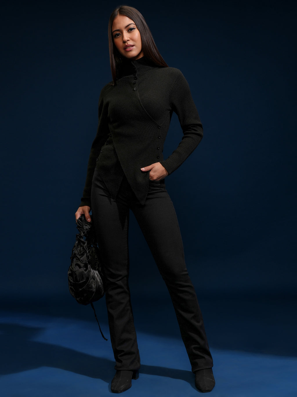 Tokyo Talkies Women Black High Neck Sweater - Black - Image 2