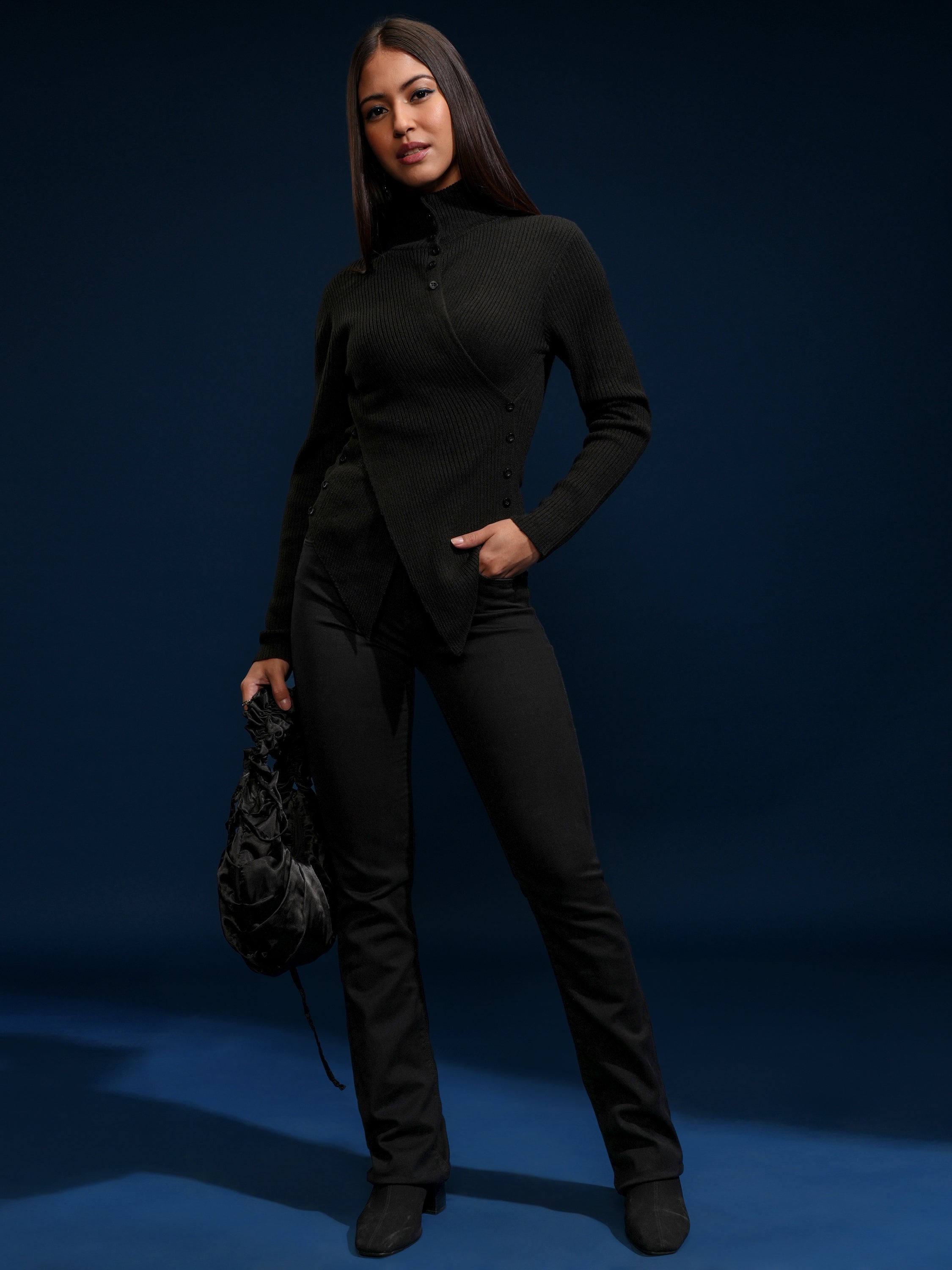 Tokyo Talkies Women Black High Neck Sweater - Black - Image 2