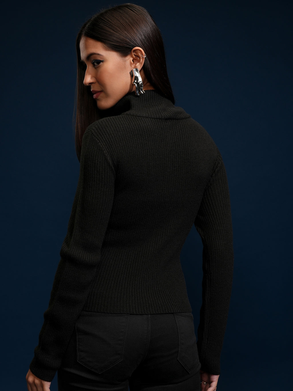 Tokyo Talkies Women Black High Neck Sweater - Black - Image 3