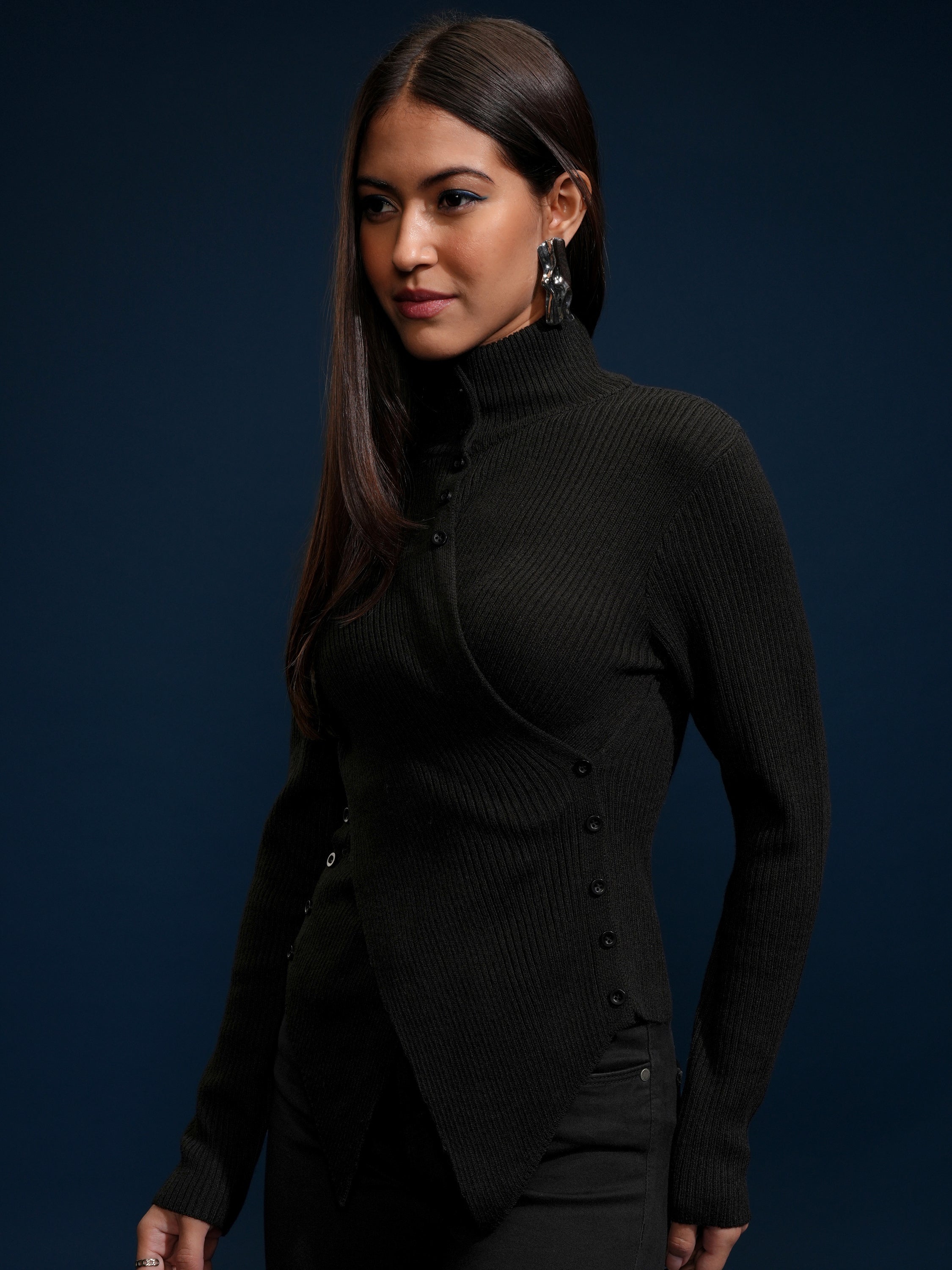 Tokyo Talkies Women Black High Neck Sweater - Black - Image 4