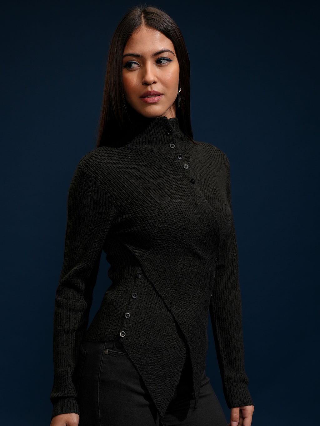Tokyo Talkies Women Black High Neck Sweater - Black - Image 6
