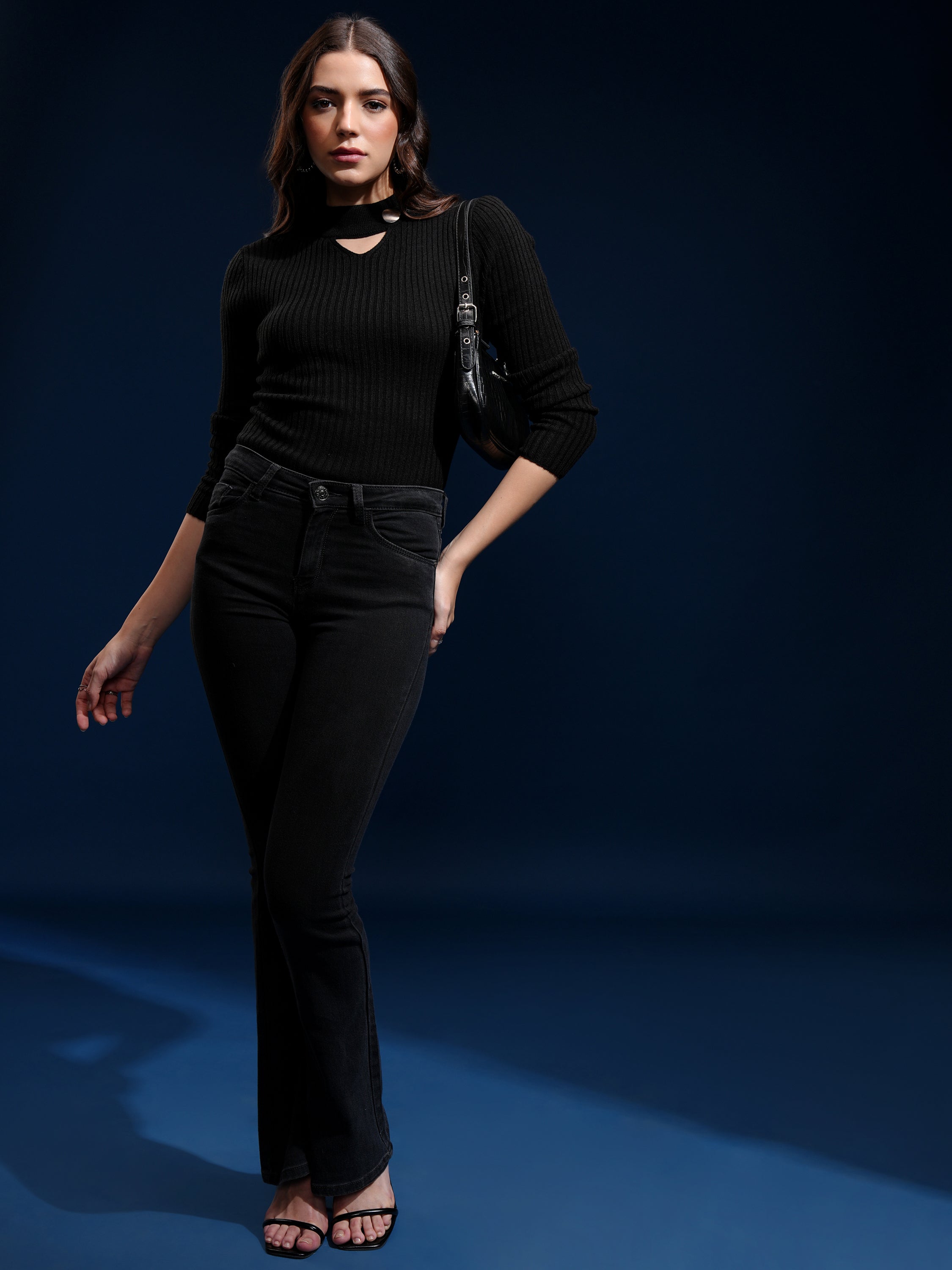 Tokyo Talkies Women Black High Neck Sweater - Black - Image 2