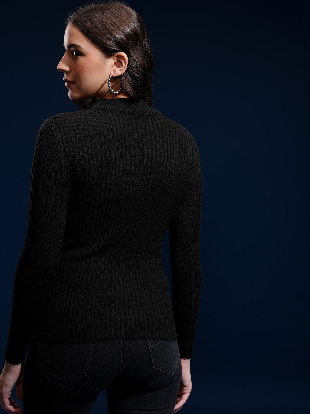 Tokyo Talkies Women Black High Neck Sweater - Black - Image 3