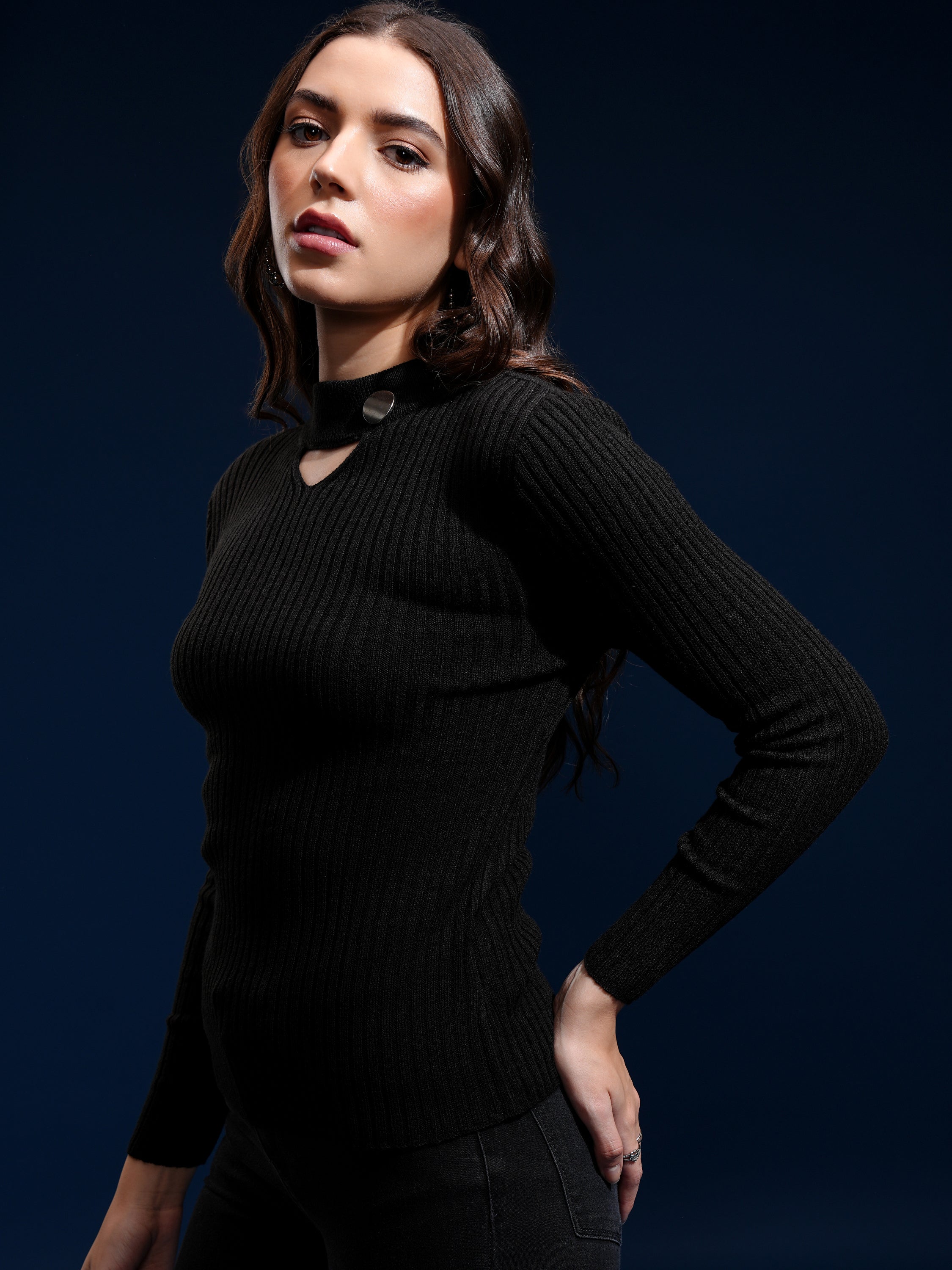 Tokyo Talkies Women Black High Neck Sweater - Black - Image 4