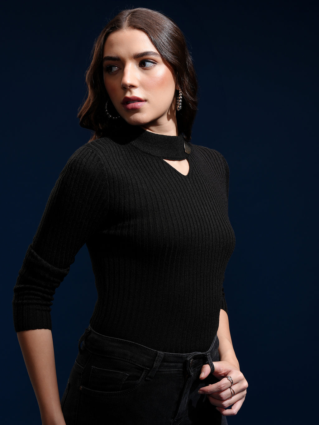 Tokyo Talkies Women Black High Neck Sweater - Black - Image 6